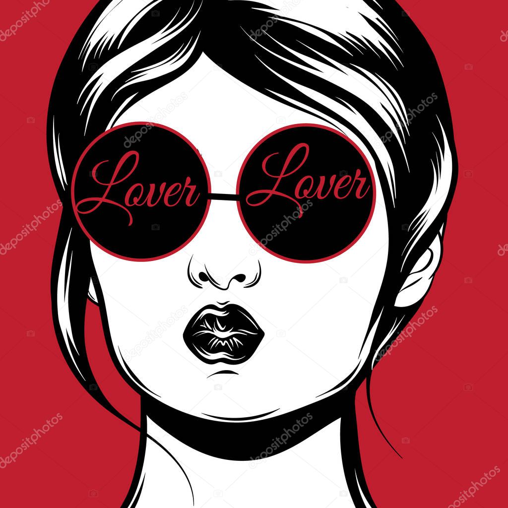 Lover. Vector hand drawn illustration of pretty girl in sunglasses . Template for card, poster, banner, print for t-shirt, pin, badge, patch.