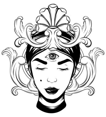 Falcı çerçeve ile çizilen illüstrasyon vektör ver. Yaratıcı gerçekçi dövme sanat. Şablon için kart, poster, afiş, t-shirt, pin, rozet, yama için yazdırmak.