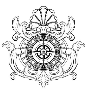 Vektör çerçeve içinde vintage pusula çizilmiş resmi ver. Yaratıcı gerçekçi dövme sanat. Şablon için kart, poster, afiş, t-shirt, pin, rozet, yama için yazdırmak.