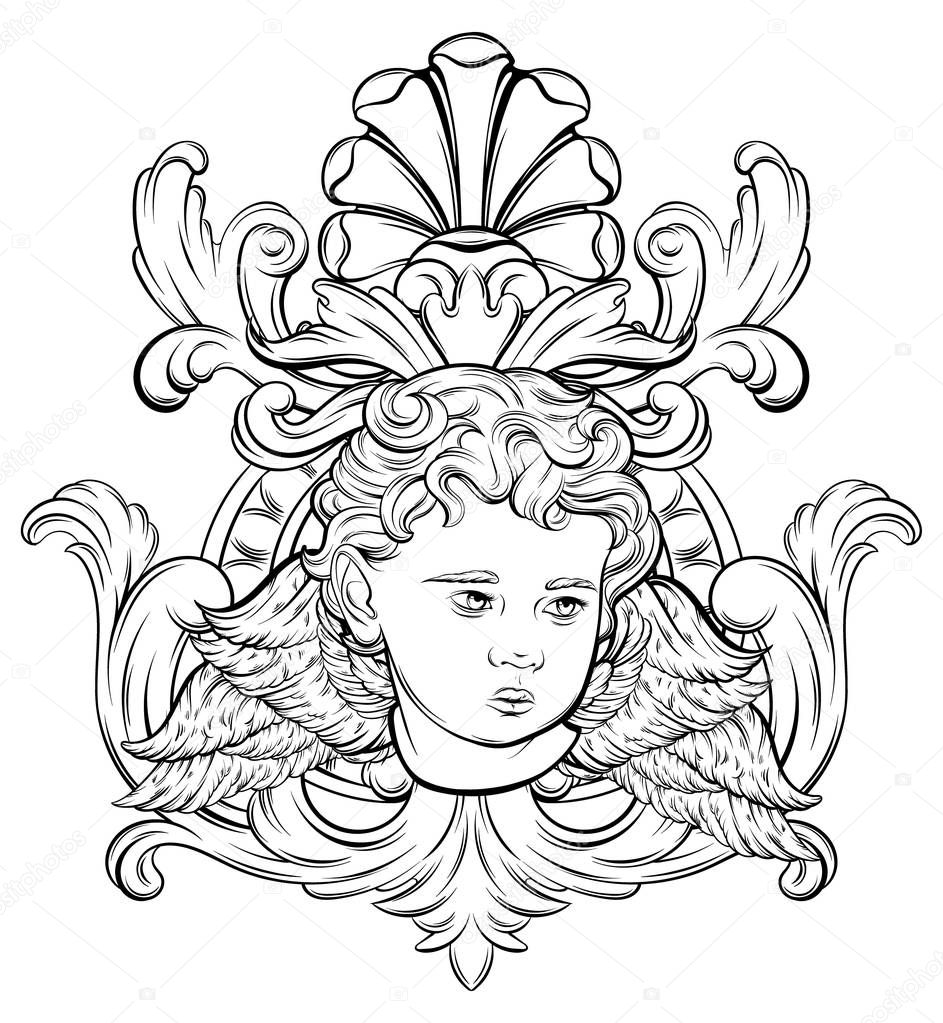 Vector hand drawn illustration of cupid in frame. Creative realistic tattoo artwork. Template for card, poster, banner, print for t-shirt, pin, badge, patch.