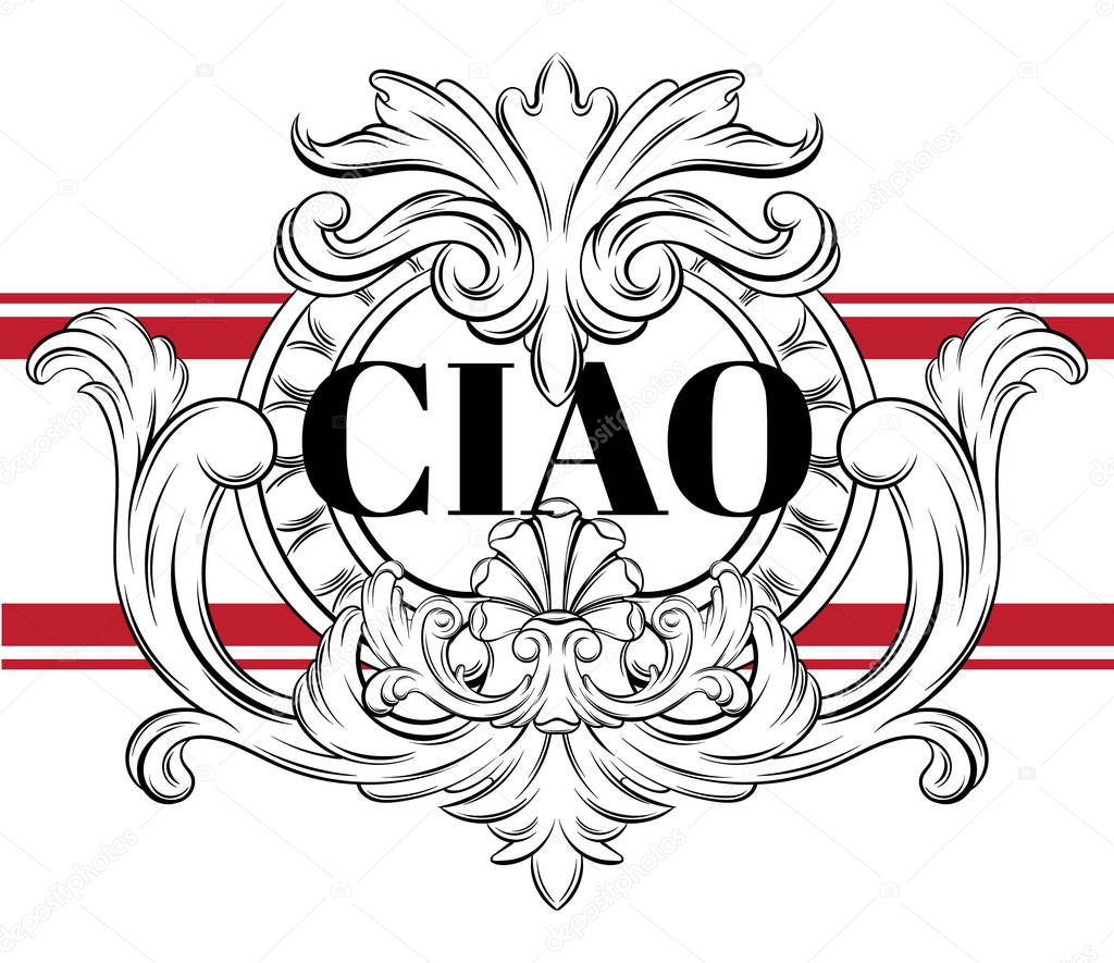 Ciao. Vector hand drawn illustration of frame. Template for card, poster, banner, print for t-shirt, pin, badge, patch.