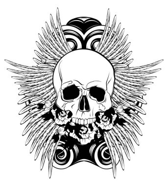 Çiçek ve çerçeve kanatları ile insan kafatasının çizilen illüstrasyon vektör ver. Yaratıcı gerçekçi dövme sanat. Şablon için kart, poster, afiş, t-shirt, pin, rozet, yama için yazdırmak.