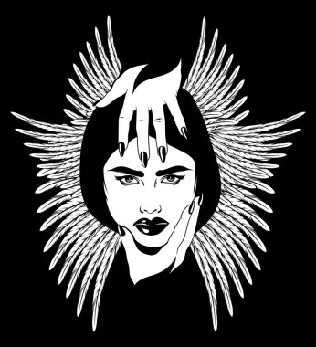 Vektör elle çizilmiş illüstrasyon izole kanatlı güzel kadın. Yaratıcı dövme sanat. Şablon için kart, poster, afiş, t-shirt, pin, rozet, yama için yazdırmak.