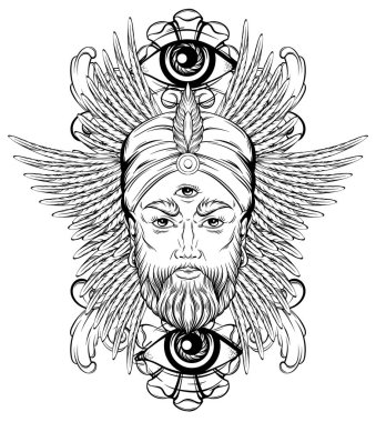 Vektör el falcı illüstrasyon kanat çerçeve ile çekilmiş. Yaratıcı gerçekçi dövme sanat. Şablon için kart, poster, afiş, t-shirt, pin, rozet, yama için yazdırmak.