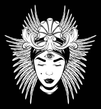 Falcı kanatlı çizilen illüstrasyon vektör ver. Yaratıcı dövme resimleri, şablon için kart, poster, afiş, t-shirt, pin, rozet, yama için yazdırma.