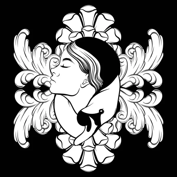 Illustration Vectorielle Dessinée Main Fille Avec Cygne Cadre Baroque Isolé — Image vectorielle