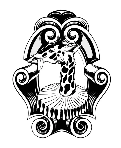 Illustrazione Vettoriale Disegnata Mano Giraffa Cornice Barocca Isolata Disegno Del — Vettoriale Stock