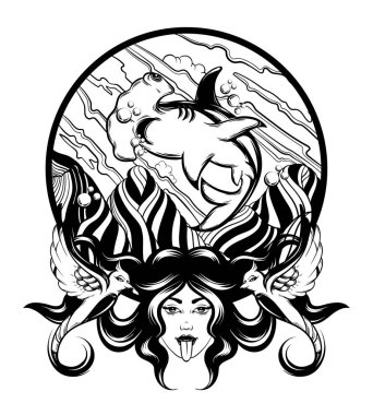 Çekiç başlı köpekbalığının gerçek üstü manzarası, portresi ve kuşları olan vektör el çizimi. Yaratıcı dövme çizimleri. Kart, poster, afiş, tişört, rozet, yama için baskı şablonu.