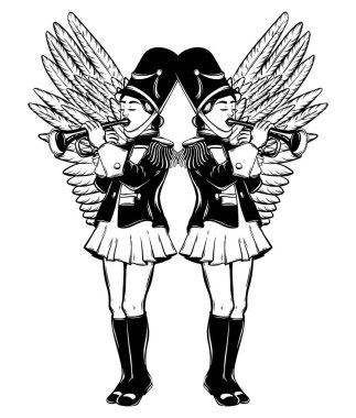 Kızlar izole trompet vektör elle çizilmiş çizim .