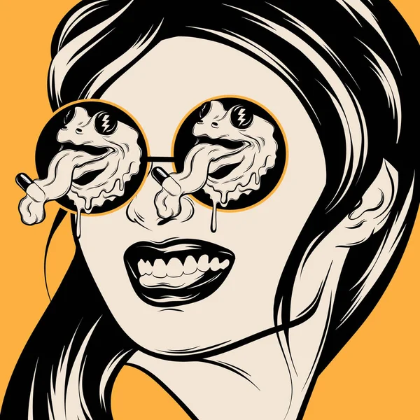 Vektor Handgezeichnete Illustration Eines Lächelnden Mädchens Mit Sonnenbrille Und Fröschen — Stockvektor