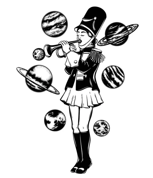 向量手绘的例证女孩与小号和被隔绝的行星 . — 图库矢量图片