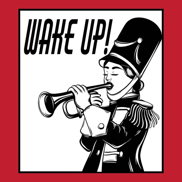 Wake up! Vector hand drawn illustration of girl with trumpet . — Stock Vector