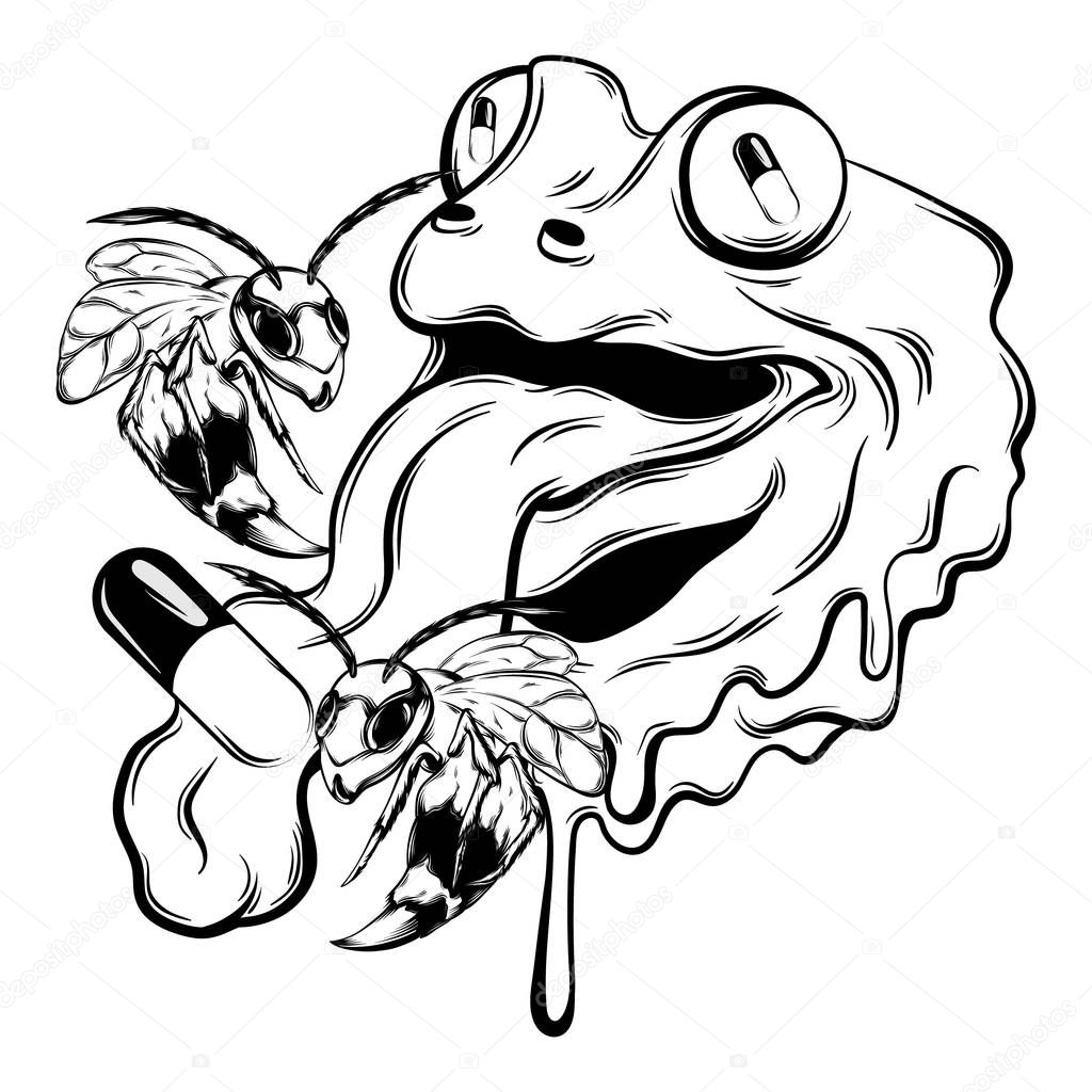 Vector hand drawn illustration of frog with tongue, wasps and pill. Tattoo artwork. Template for card, poster, banner, print for t-shirt, pin, badge, patch.