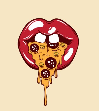Dilim pizza ile ağız çizilen illüstrasyon vektör el yerine dil. Yaratıcı dövme sanat. Şablon için kart, poster, afiş, t-shirt, pin, rozet, yama için yazdırmak.