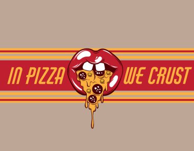 Dilim pizza ile ağız çizilen illüstrasyon vektör el yerine dil. Yaratıcı dövme sanat. Şablon için kart, poster, afiş, t-shirt, pin, rozet, yama için yazdırmak.
