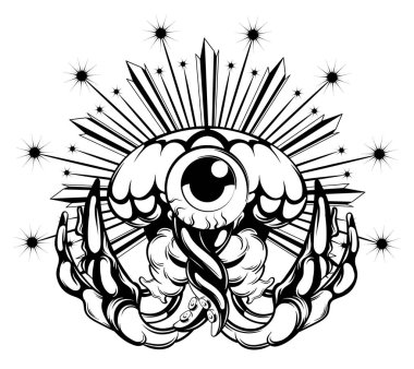 Vektör elle çizilmiş illüstrasyon izole jöle balık. Yaratıcı dövme sanat. Şablon için kart, poster, afiş, t-shirt, pin, rozet, yama için yazdırmak.