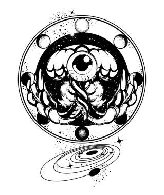 Jöle balık kozmik unsurlar izole ile vektör elle çizilmiş çizim. Yaratıcı dövme sanat. Şablon için kart, poster, afiş, t-shirt, pin, rozet, yama için yazdırmak.