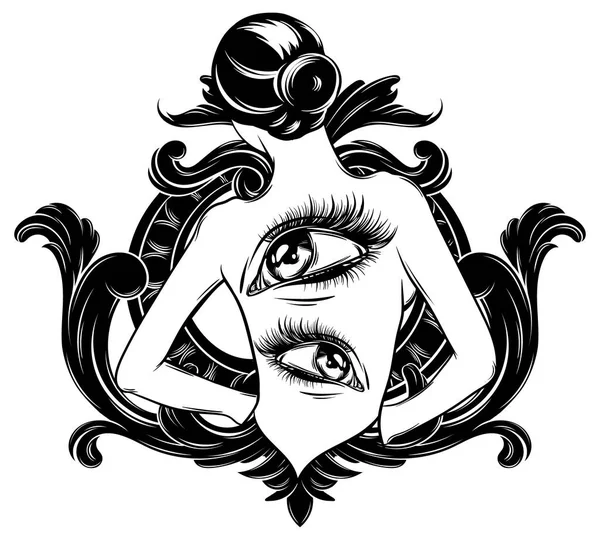 Vektör el çizilen illüstrasyon kadın ' s gözleri iri ve Barok çerçeve ile geri. Yaratıcı dövme sanat. Şablon için kart, poster, afiş, t-shirt, pin, rozet, yama için yazdırmak.