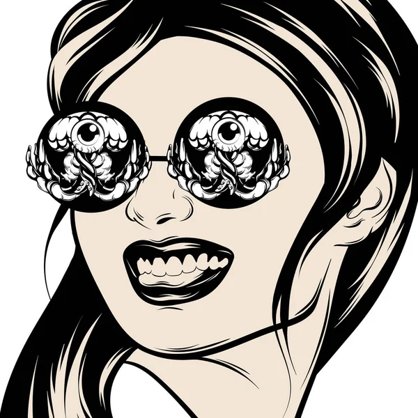 Ilustração Desenhada Mão Vetorial Com Retrato Menina Sorridente Óculos Sol —  Vetores de Stock