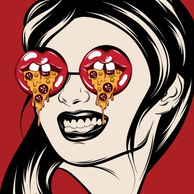 Vektör el ile dilim pizza ağızlı güneş gözlüklü kız resmi çekilmiş. Şablon için kart, poster, afiş, t-shirt, pin, rozet, yama için yazdırmak.