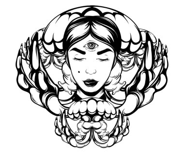 Vektör el jöle balık gösterimi falcı ile çekilmiş. Yaratıcı dövme resim portre ile. Şablon için kart, poster, afiş, t-shirt, pin, rozet, yama için yazdırmak.