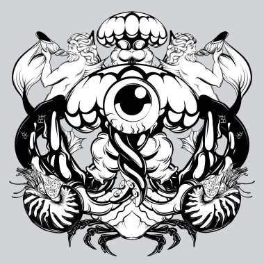 Vektör el jöle balık gösterimi TRITONS, yengeç, nautilus ile çekilmiş. Yaratıcı peri dövme resimleri. Şablon için kart, poster, afiş, t-shirt, pin, rozet, yama için yazdırmak.