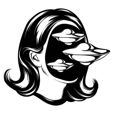 Uçan daireler izole kadın başıyla vektör elle çizilmiş çizim. Yaratıcı dövme sanat. Şablon için kart, poster, afiş, t-shirt, pin, rozet, yama için yazdırmak.