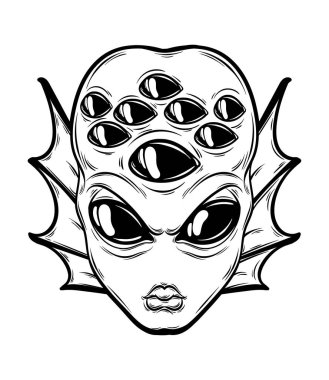 Vektör elle çizilmiş illüstrasyon izole birçok gözlü kızgın yabancı. Yaratıcı dövme sanat. Şablon için kart, poster, afiş, t-shirt, pin, rozet, yama için yazdırmak.