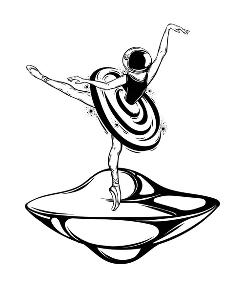 Illustrazione Disegnata Mano Vettoriale Della Ballerina Sul Disco Volante Casco — Vettoriale Stock