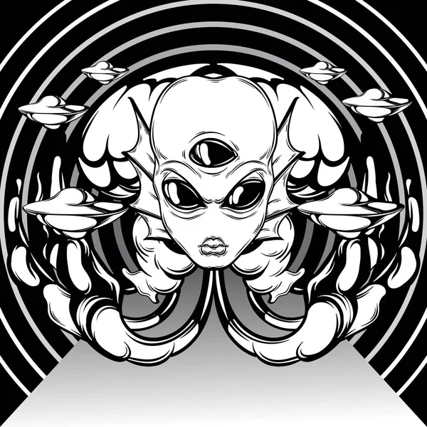 Векторная Ручная Иллюстрация Злобного Инопланетянина Тремя Глазами Щупальцами Летающими Тарелками — стоковый вектор