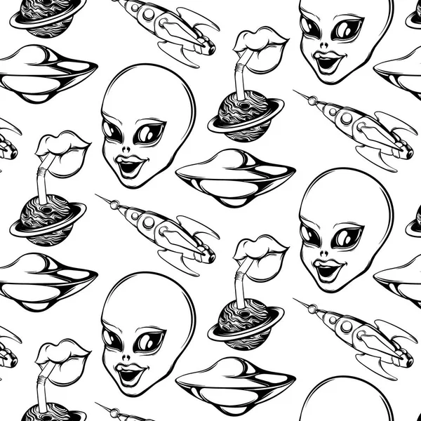 Elle çizilmiş çizim uçan daire, gezegen uzaylı ve insan ağzıyla Başkanı ile vektör desen. Yaratıcı dövme sanat. Şablon için kart, poster, afiş, t-shirt, pin, rozet, yama için yazdırmak.