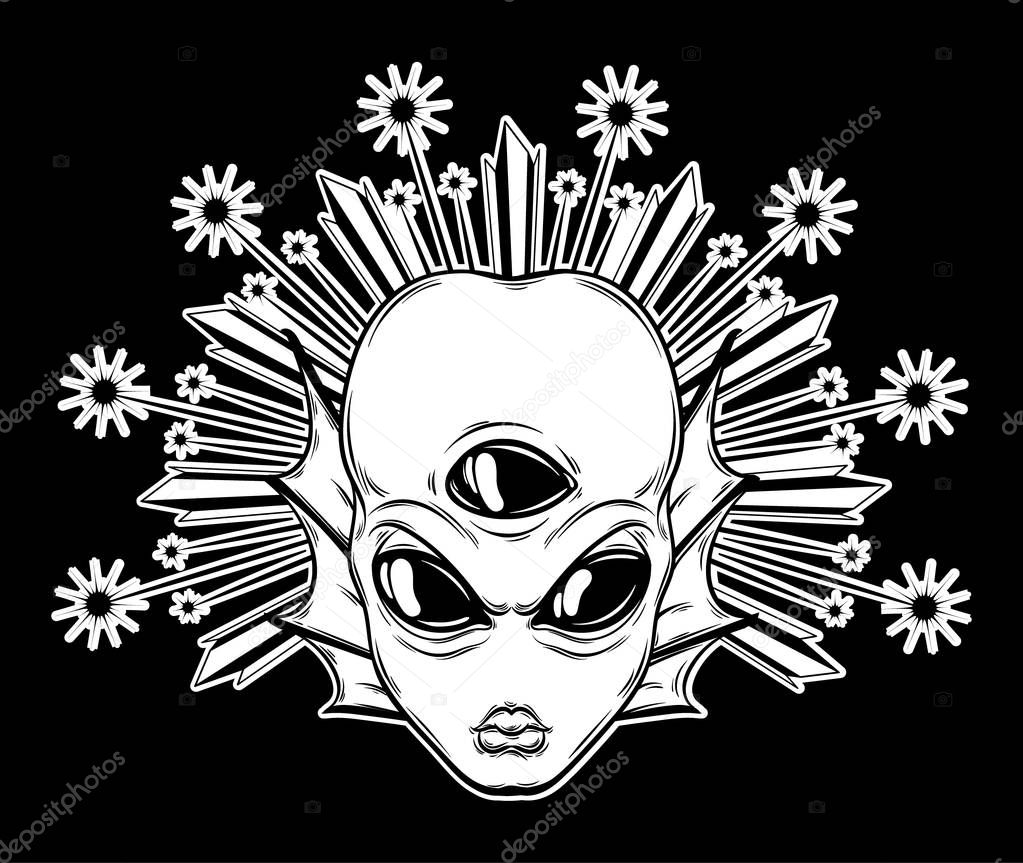 Vector hand drawn illustration of angry alien with three eyes isolated . Creative tattoo artwork. Template for card, poster, banner, print for t-shirt, pin, badge, patch.