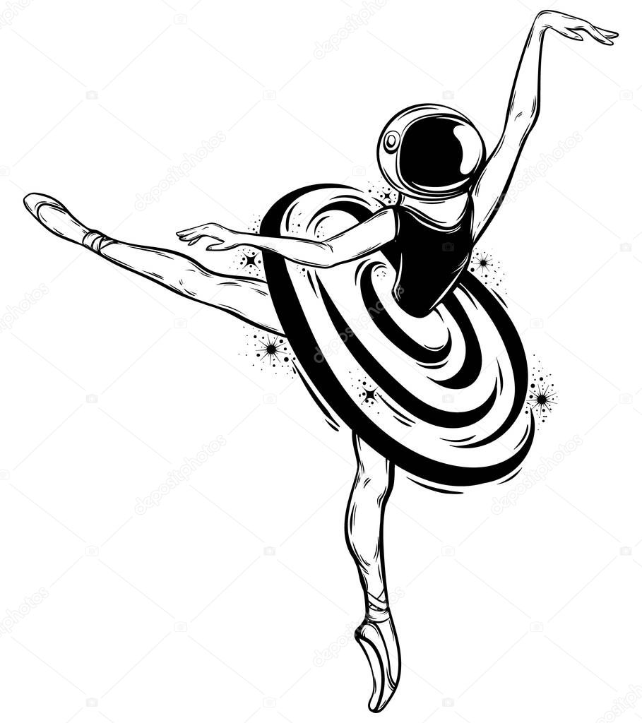 Vector hand drawn illustration of ballerina in space helmet isolated. Creative tattoo artwork. Template for card, poster, banner, print for t-shirt, pin, badge, patch.