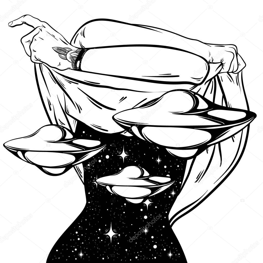 Vector hand drawn surreal illustration of undressing girl with space . Ceative tattoo artwork. Template for card, poster, banner, print for t-shirt, pin, badge, patch.