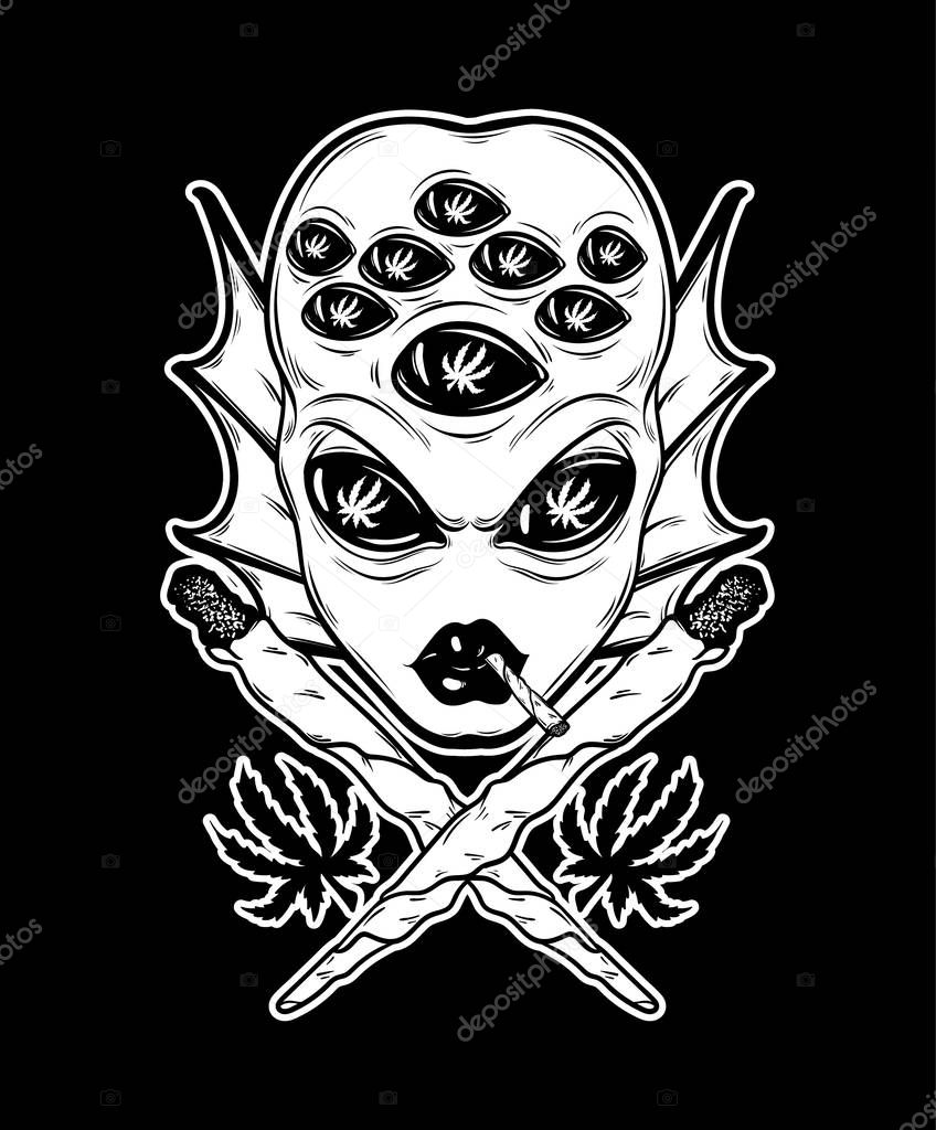Vector hand drawn illustration of angry alien with many eyes and cigarettes isolated . Creative tattoo artwork. Template for card, poster, banner, print for t-shirt, pin, badge, patch.