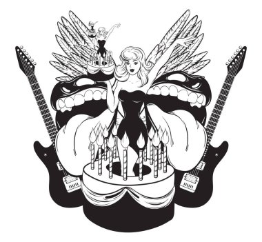 Vektör elle çizilmiş çizim pasta ağız, gitar, kanatları ile güzel kız. Yaratıcı dövme sanat. Şablon için kart, poster, afiş, t-shirt, pin, rozet, yama için yazdırmak.