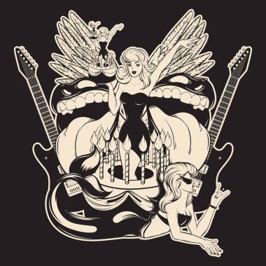 Vektör elle çizilmiş çizim kek ağız, gitar, kanatları ve deniz kızı güzel kız. Yaratıcı dövme sanat. Şablon için kart, poster, afiş, t-shirt, pin, rozet, yama için yazdırmak.