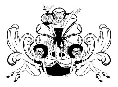 Vektör elle çizilmiş çizim pasta güzel kız. Yaratıcı dövme sanat. Şablon için kart, poster, afiş, t-shirt, pin, rozet, yama için yazdırmak.