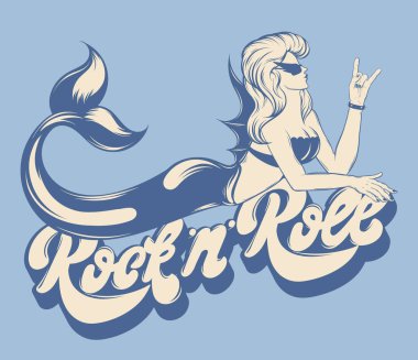 Rock' n' roll. Vektör handwrittem yazı ile elle çizilmiş trendy illüstrasyon izole deniz kızı. Crteative dövme sanat. Şablon için kart, poster, afiş, t-shirt, pin, rozet, yama için yazdırmak.