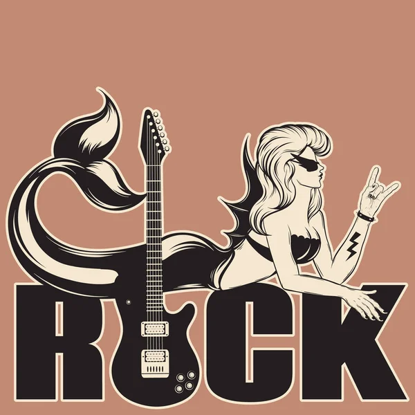 Vector Dibujado Mano Ilustración Moda Sirena Con Guitarra Aislada Tatuaje — Vector de stock