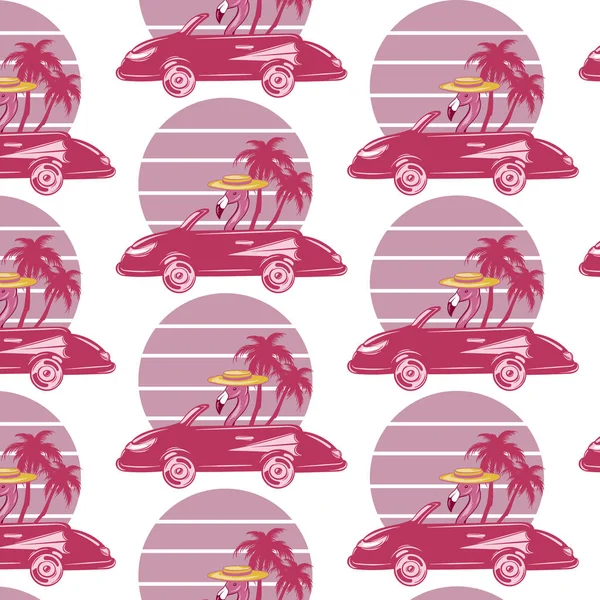 Padrão Vetorial Com Ilustração Desenhada Mão Flamingo Carro Retro Com — Vetor de Stock