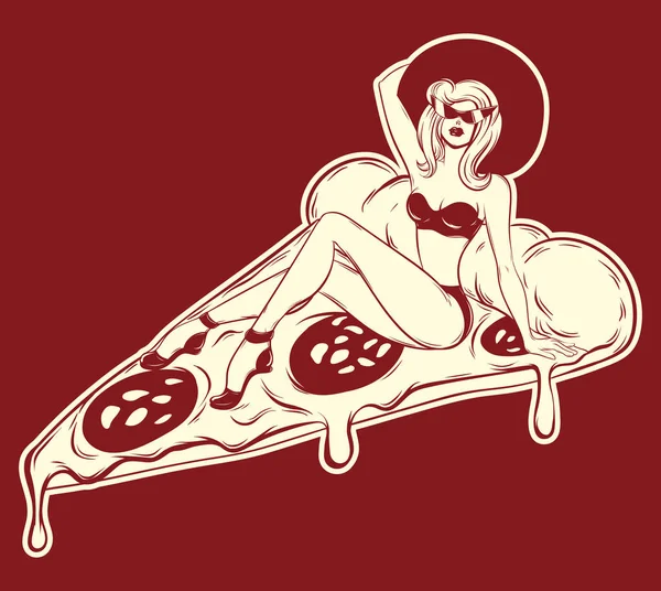 Illustration Vectorielle Dessinée Main Femme Maillot Bain Sur Pizza Création — Image vectorielle