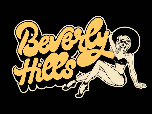 Beverly Hills Vektor Psané Nápisy Ručně Kreslené Ilustrace Ženy Plavkách — Stockový vektor