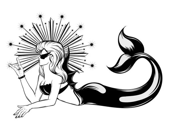 Vettore Disegnato Mano Trendy Illustrazione Sirena Isolata Opere Arte Tatuaggio — Vettoriale Stock