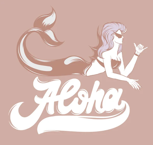 Aloha Vektor Handgeschriebenen Schriftzug Mit Handgezeichneten Trendigen Illustration Der Meerjungfrau — Stockvektor