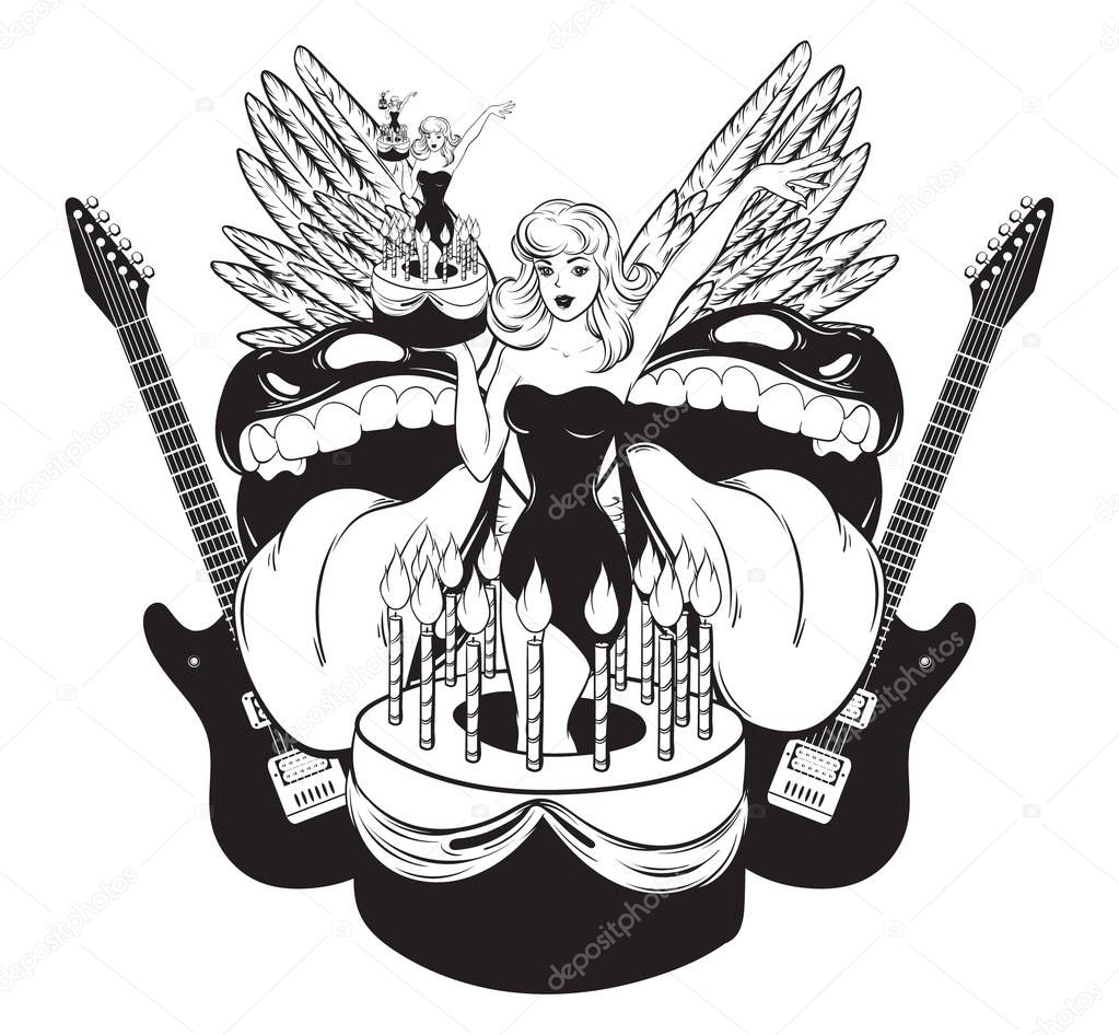 Vector hand drawn illustration of pretty girl in cake with mouths, guitars, wings . Creative tattoo artwork. Template for card, poster, banner, print for t-shirt, pin, badge, patch.