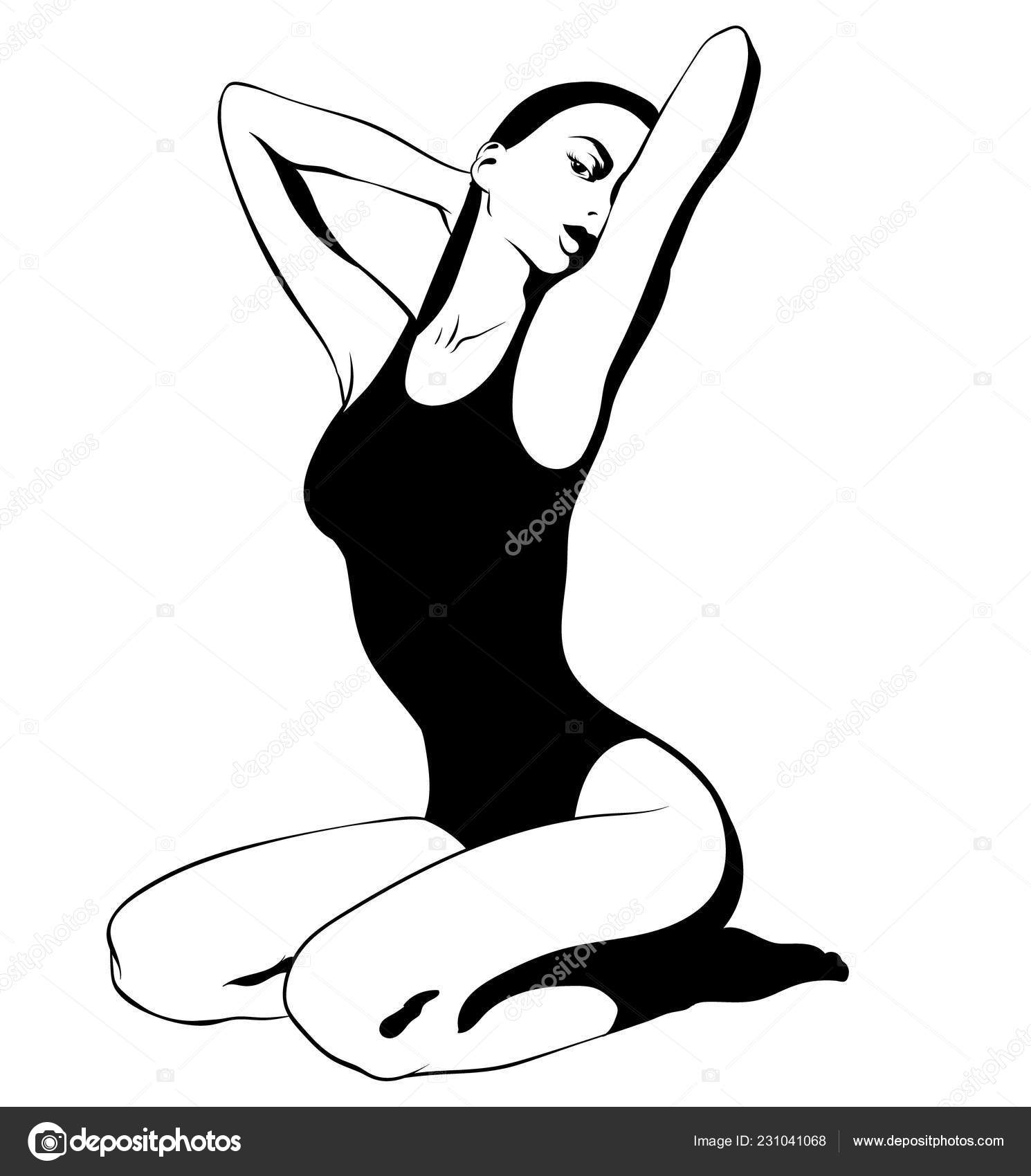 Vector Hand Drawn Illustration Girl Swinsuit Sitting Her Knees