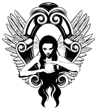 Vektör el çizimi cadı kristal küre ve kanatlar ile çekilmiş. Yaratıcı dövme sanat. Şablon için kart, poster, afiş, t-shirt, pin, rozet, yama için yazdırmak.