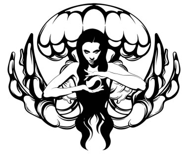 Vektör el cadı kristal küre ve jöle balık gösterimi çekilmiş. Yaratıcı dövme sanat. Şablon için kart, poster, afiş, t-shirt, pin, rozet, yama için yazdırmak.