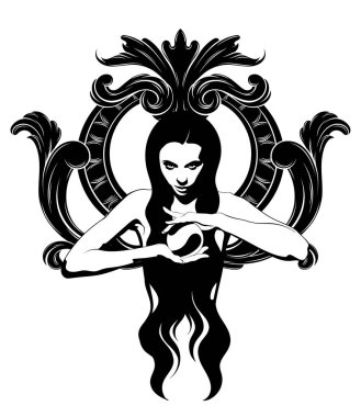 Cadı kristal top ile çizilen illüstrasyon vektör ver. Yaratıcı dövme sanat. Şablon için kart, poster, afiş, t-shirt, pin, rozet, yama için yazdırmak.